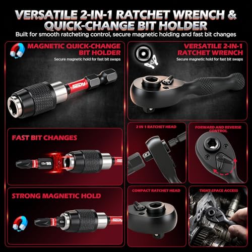 59-Piece Magnetic Nut Driver Bit Set, SAE and Metric Nut Drivers with Screwdriver Bits, Ratchet Wrench, Quick-Change Bit Holder and Storage Case for Automotive Repair, Home Repair and DIY Projects - color: 59 Pcs Compact Ratchet Kit(new Version)