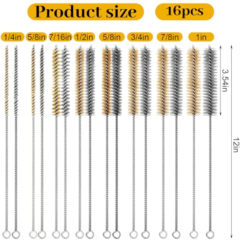 16Pcs Stainless Steel Brass Wire Tube Brushes Set, 12 Inch Long Round Wire Pipe Cleaner for Deep Pipes Auto Parts Engine Parts, 8 Sizes(1/4"-1" Sizes)