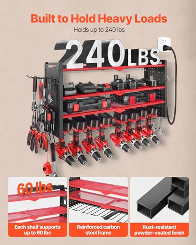 VEVOR Power Tool Organizer with Charging Station, 4-Layer Drill Storage Rack with 8 Drill Holders & Side Pegboard, Garage Tool Organizer Built in 8 Outlet Power Strips for Garage, Workbench, Workshop - size: 4-Layer 8 Drill