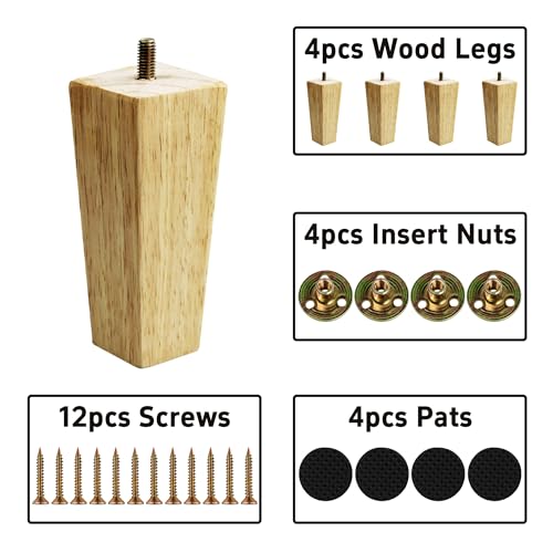 4PCS 5 Inch Solid Wood Furniture Legs, Square Wooden Sofa Couch Feet Leg Replacement for Desk Cabinet Bench Dresser Chair Bookcase Risers Parts, Log Stain - size: 5 Inch