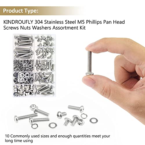 212 Pieces M5 x 6/8 /12/16 /20/25 /30mm Phillips Pan Head Machine Screws Nuts Washers Assortment Kit, 304 Stainless Steel, Fully Machine Thread - size: M5, style: Phillips Pan Head