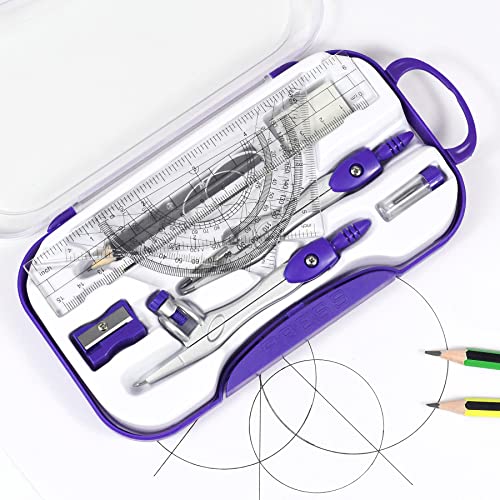 Unjoo Geometry Set 10 Pcs Student Supplies, Protractor and Compass,Purple - color: Purple