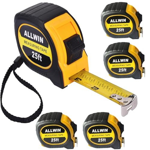 5 Pack Tape Measure 25 ft, Easy Read Measuring Tape with Fractions 1/8, Retractable 25-Foot by 1-Inch Blade with Durable Coating & Impact-Resistant Case for Contractors & DIY - size: 25 Ft