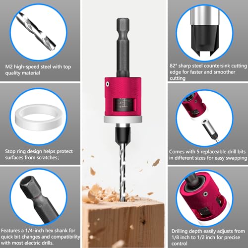 BURMONG 5-Piece Countersink Drill Bit Set with Adjustable Depth Stop, 1/4" Hex Shank Quick Change Drilling Tool Kit, 82° Woodworking Chamfer Bits for Wood, Plywood, MDF, Plastic - style: With Adjustable Depth Stop