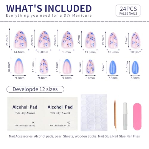 Summer Fall Press On Nails Short Almond, Nude and Blue Fake Nails Featuring Blue Floral Accents, Glossy Finish Acrylic Nails, Thick Reusable Glue On Nails for Women, 24Pcs - color: 41-Blue Petal