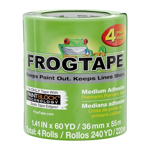 FrogTape Multi-Surface Painter's Tape with PAINTBLOCK, 2 in Wide (1.41 in x 60 yd), Quick Stick Medium Adhesion, Premium Green Painters Tape Removes Clean, 4 Rolls (240660) - size: 4 Rolls, 1.41" x 60 Yds