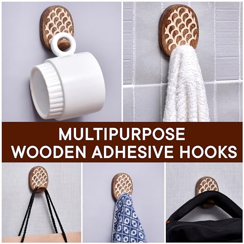 Indian Shelf 6 Pieces Wooden Adhesive Wall Hooks for Keys, Bags & Hats - color: Brown Style 5
