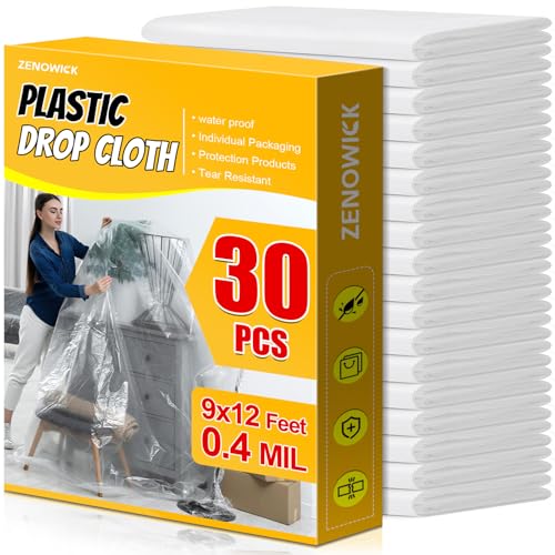 ZENOWICK 30 Pack Plastic Drop Cloth, 9x12 Ft Plastic Sheeting for Painting | Dust-Proof Tear-Resistant Painters Plastics Tarp Cloth for Furniture Floor Sofa Protector Cover Durable & Thick