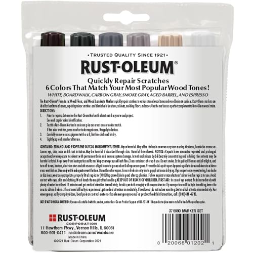 Rust-Oleum Furniture, Wood Floor and Wood Laminate Repair Markers, 6 Count, White, Boardwalk, Aged Barrel, Carbon Gray, Smoke Gray and Espresso, ‎Cool Tones, 376990
