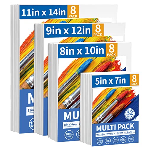 FIXSMITH Canvas Boards for Painting Multi Pack- 5x7,8x10,9x12,11x14 (8 of Each),Set of 32, 100% Cotton Primed Canvas Panels for Acrylic, Oil, Art Supplies for Kids, Adults, Beginners - size: 5x7, 8x10, 9x12, 11x14