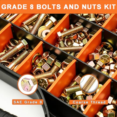 535PCS Grade 8 SAE Bolts and Nuts Kit - Heavy-Duty Alloy Steel Hex Bolt Set with Flat & Lock Washers, Yellow Zinc Plated (1/4-20, 5/16-18, 3/8-16) for DIY, Automotive & Industrial Use - size: 535PCS 1/4-20,5/16-18,3/8-16