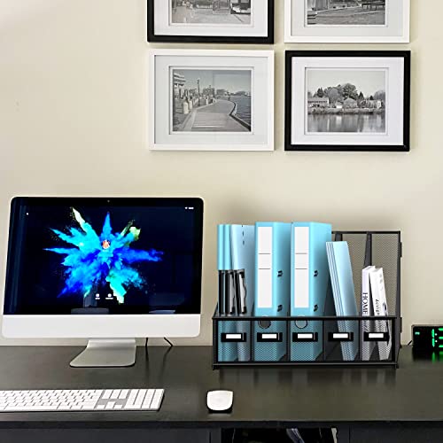 SUPEASY Desk Organizers Metal Desk Magazine File Holder with 16''x12''x12'' 5 Vertical Compartments Rack File Organizer for Office Desktop, Classroom, Home Workspace, Black Plus - color: Black, size: Large