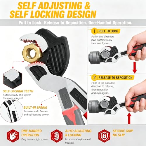 Self Adjusting Pipe Wrench, 6” 8” 10” 12" Pipe Wrench Set, Plumbers Wrench with Self Tightening Function for 9/32" to 1-11/16" (7-43mm) Pipe Fittings, Standard Nuts and Irregular Nut