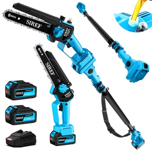 2-in-1 Electric Pole Saw 6inch Mini Chainsaw Cordless Brushless 2x4.0Ah Batteries Fast Charger Telescopic Power Pole Saw Tree Trimmer Limb Branch Cutter Pruner 16 Ft Max Reach Multi-Angle Blue - color: Blue-2 Batteries