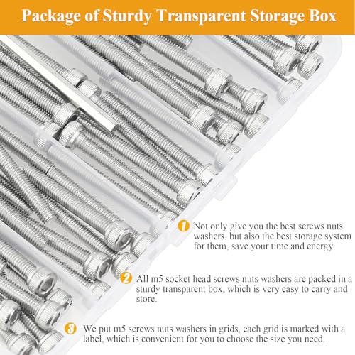 95 Pieces M5 x 30/35/40/45/50mm Hex Socket Head Cap Screws Nuts Washers Set Silver, Sutemribor M5 Long Screws, M5 Stainless Screws Nuts Washers Assortment Kit, 304 Stainless Steel, Fully Threaded - size: M5 Long Screws Kit, style: Socket Head