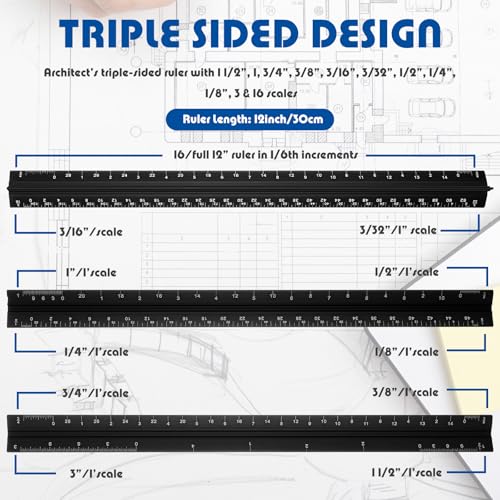 Macarrie 10 Pcs Architectural Scale Ruler 12" Engineers Scale Set, Black - color: Black