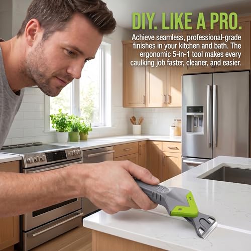 5-in-1 Caulking Tool Kit, Stainless Steel Caulk Remover & Silicone Sealant Finishing Tool with 5 Replaceable Radius Pads, Grout Removal & Scraper Tool for Bathroom, Kitchen, Tile, Window, Sink - color: Green