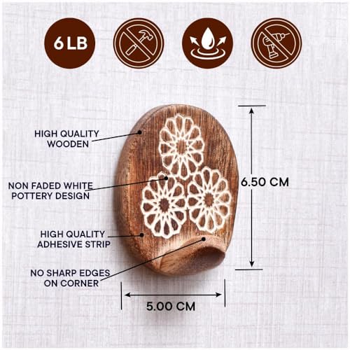Indian Shelf 6 Wooden Adhesive Wall Hooks for Hats, Keys & Bags - color: Brown Style 2