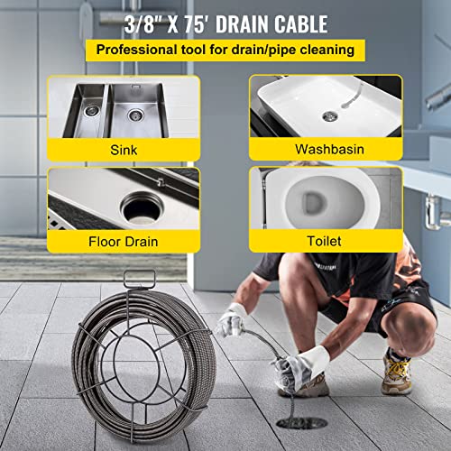 VEVOR Drain Cleaning Cable 75ft x 3/8 inch Solid Core Cable Sewer Cable, Drain Auger Cable Cleaner, Snake Clog Pipe Drain Cleaning Cable W/Four Shapes of Cutters - style: 75Ft x 3/8Inch