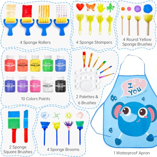 Shuttle Art Washable Finger Paint Set, 37 PCS with 10 Colors (2 fl oz) Non-Toxic Toddler Paint, Paint Brushes, Sponge, Smock, Toddler Art Supplies - color: 10 Colors