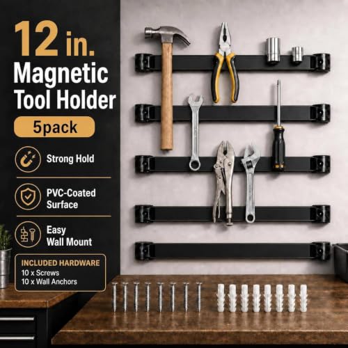 12" Magnetic Tool Holder, 5 Pack PVC-Coated Heavy Duty for Garage - style: 12IN-5 PACK