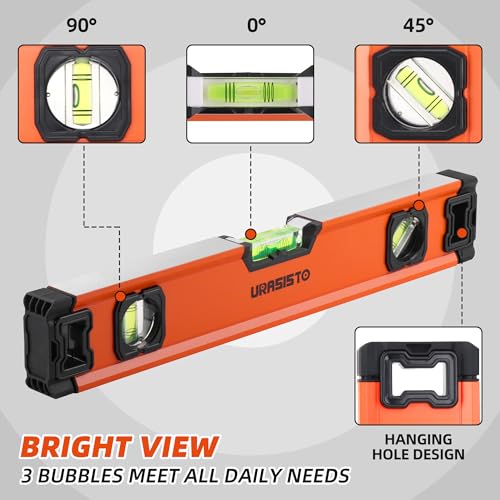 URASISTO 3-Piece Spirit Level Set, 12", 20", 40" Level Set with Magnetic Torpedo Level, 45°/90°/180°Bubbles Measuring, Aluminium Alloy Levels with Carrying Bag