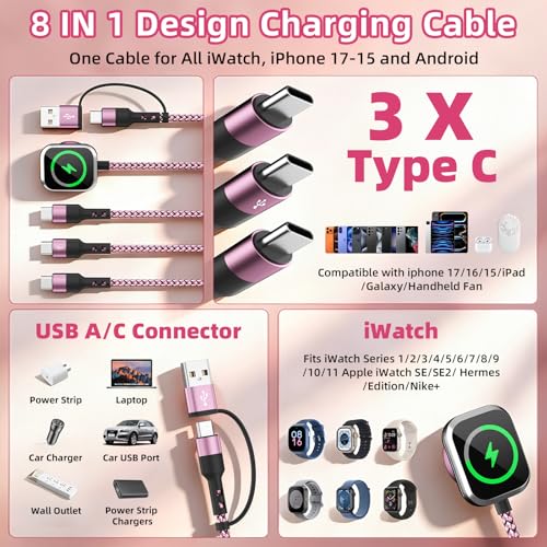 3 USB C Multi Charging Cable for Phone iWatch Charger/Car Travel Essentials - color: Red, size: 2Pack5FT