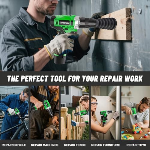 GardenJoy Cordless Power Drill Set: 12V Electric Drill with Battery and Charger, 42pcs Acessories, 3/8"Keyless Chuck, 2 Variable Speed, 24+1 Position, Compact Drill Driver Kit for Home & DIY Project - style: 12V - 2 Batteries - Green - Basic