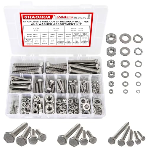 Metric Bolt Assortment, 244PCS M3 M4 M5 M6 M8 M10 Hex Bolts and Nuts Kit, 10-50mm Stainless Steel Bolts and Nuts Kit, Flat Hex Head Screws Bolts Nuts, Lock and Flat Gasket Washers Assortment Kit - size: A. M3 M4 M5 M6 M8 M10