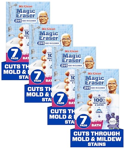 Mr. Clean Magic Eraser Sponge, Bathroom, Shower & Tub Cleaner, Soap Scum Remover, Bathroom Cleaning Supplies, Dawn Cleaning Power with Febreze Lavender Scent, 2 in 1 Bath, 7ct (Pack of 4) - size: 7 Count (Pack of 4)