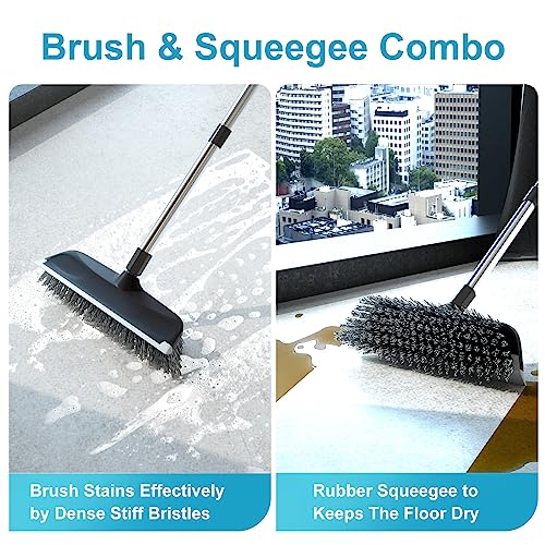 ITTAR Floor Scrub Brush with 55" Long Handle, 10" Wide Stiff Bristles Deck Brush, Stainsless Steel Pole Heavy-Duty Cleaning Brush, 2-in-1 Scrubber with Ruber Squeegee for Deck, Patio, Pool, Tile, Wall