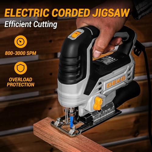 Jig Saw Corded: DEKOPRO Electric Jigsaw Tool Power Jig Saws for Woodworking, Wood Cutter Hand Tool with 6 Variable Speed, 4 Orbital Settings, ±45° Bevel Cutting, Tool-less Blade Quick Release