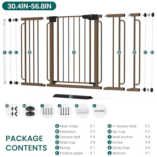 Cumbor 30.4-56.8" Extra Wide Baby Gate, Auto Close Dual Lock Dog Gate Brown - color: Brown, size: 30.4"-56.8" W x 30.5" H