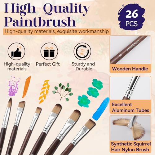 Paint Brushes Set of 26 Pieces Watercolor Acrylic Paint Brushes with Self-Standing Case, Professional Wooden Handle Brushes for Oil, Acrylic and Watercolor Painting, Face Painting