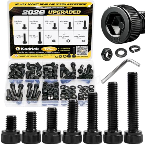 KADRICK 125PCS M6 Screws Kit,Hex Socket Head Cap Bolts Nuts Washers Kit - size: M6 125Pcs