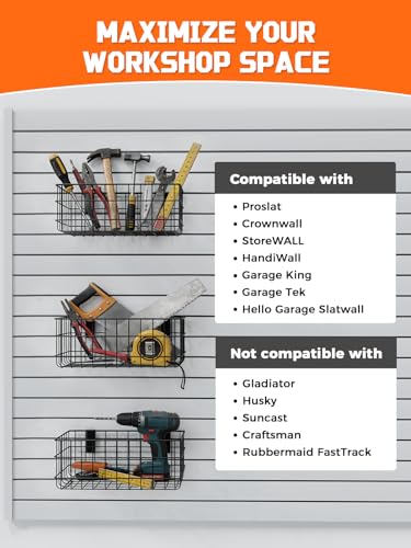 AZUNO 4 Pack Slatwall Baskets Set, Heavy Duty Metal Slat Wall Accessories Wire Baskets, Hanging Storage Organizer for Garage, Shop, Retail Display, Fits Standard Slatwall Panels - size: 4 Wire Baskets