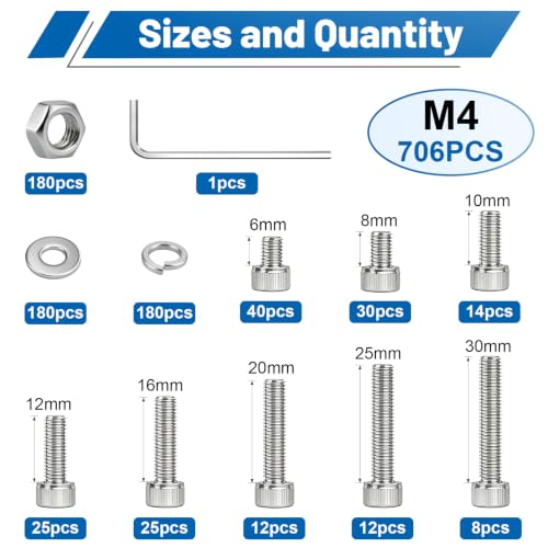 706PCS M4 Hex Socket Head Cap Screw Assortment Kit 304 Stainless Steel - size: SS M4 706PCS