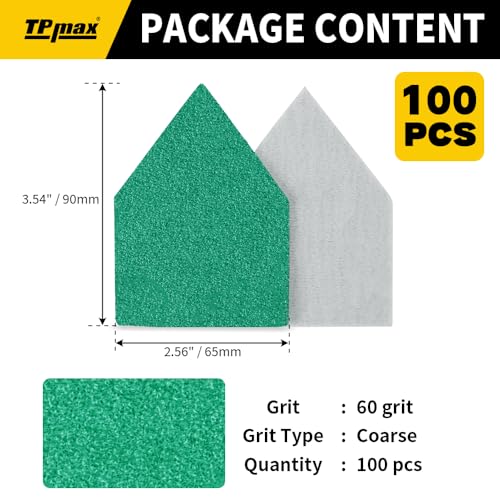 TPmax 100 Pack 90x65mm Detail Sander Sandpaper 60 Grit Compatible with Milwaukee M12 Heavy Duty Hook & Loop Anti Clogging Polyester Film Sheets - size: 60 Grit