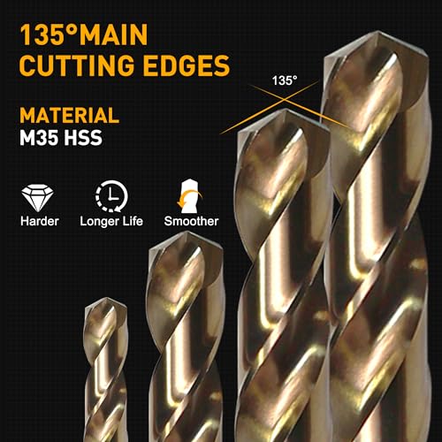 15Pcs Cobalt Drill Bit Set, M35 HSS Jobber Length Twist Drill Bit Set for Cast Iron, Stainless Steel, Plastic and Wood, 1/16" - 3/8" - style: 15PCS
