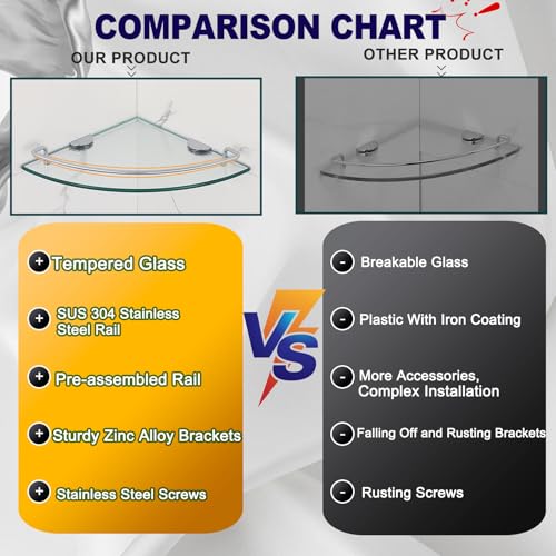 2 Ties Glass Corner Shelf with SUS 304 Stainless Steel Rail Chrome Finished, Esquinero para baños, Rustproof Tempered Glass Shelf, Shower Caddy Organizer 9.5" x 9.5" - size: 2 PACK With Rail