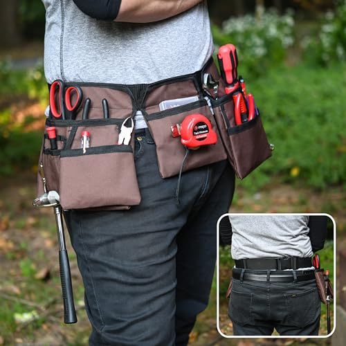 11 Pocket Brown and Black Heavy Duty Construction Tool Belt, Work Apron, Tool Pouch, with Poly Web Belt Quick Release Buckle - Adjusts from 33” Inches All the Way to 50” Inches