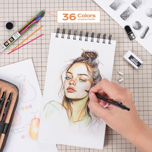 Nicpro 45PCS Black & Silver Metal Mechanical Pencil Set in Leather Case, Art Drafting Pencil 0.5, 0.7, 0.9 mm, 2mm Lead Holders for Sketching Drawing With 27 Tube (6B 4B 2B HB 2H 4H Colors)Lead Refill - color: Black & Silver