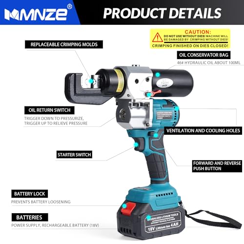 Electric Hydraulic Cable Lug Crimping Tool Auto-Oil-Return 6 Ton Hydraulic Electrical Wire Terminal Cable Lugs Crimper Rechargeable Crimping Tool Kits with 8 Dies, 12 AWG to 2/0 AWG