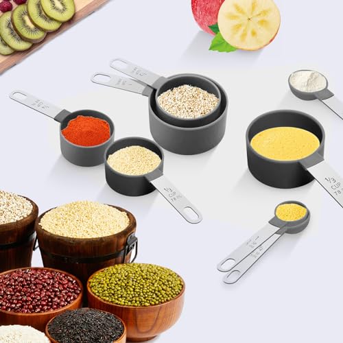 Measuring Cups Set Measuring Spoons Set, Nesting Measure Cups with Stainless Steel Handle, For Measuring Dry and Liquid Ingredients Small Teaspoon with Plastic Head (Black) - color: Black