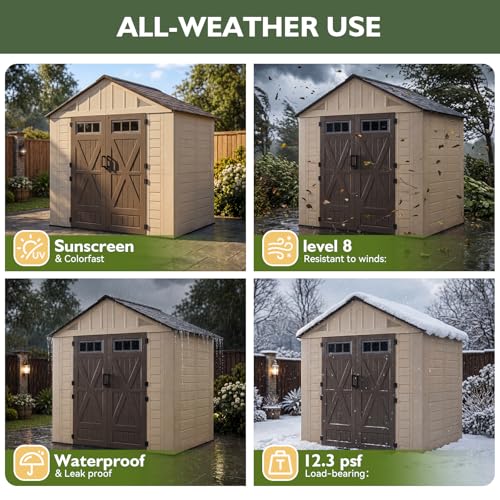 Aoxun 8x6 Ft Outdoor Storage Shed with Floor, Large Resin Outdoor Shed with Lockable Door & Windows, Garden HDPE Sheds for Lawn Tools, Pool Supplies & Bikes - size: 8x6