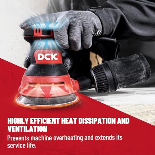 DCK Random Orbital Sander, 3.0 AMP Corded Palm Sander, 6 Speeds Max 12,000 OPM, 5-Inch with 10 pcs Sandpapers, Dust Bag, Low Vibration for Woodworking, Decoration Furniture (KSA125)