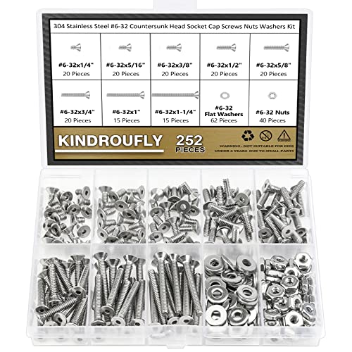 252 Pieces #6-32 x 1/4", 5/16", 3/8", 1/2", 5/8", 3/4", 1", 1-1/4", Countersunk Head Socket Cap Screws Nuts Washers Assortment Kit, 304 Stainless Steel, Fully Machine Thread - size: #6-32, style: Countersunk Head