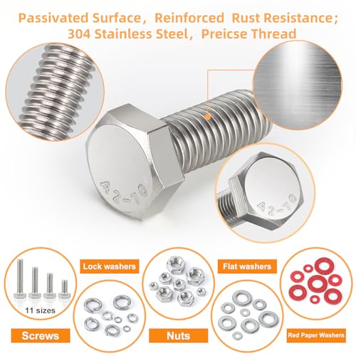 300pcs Hex Bolts and Nuts kit,304 Stainless Steel 1/4-20, 5/16-18,3/8-16 Bolts and Nuts Assortment kit (Lock & Flat Washers), Stainless Bolt Assortment, Stainless Steel Bolts and nut kit - size: 1/4-20, 5/16-18,3/8-16