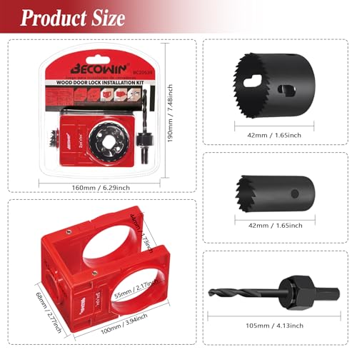 BECOWIN 1-3/8" - 1-3/4" Door Lock Installation Kit for Wood Doors Red