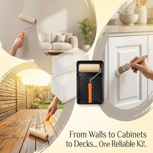 12 Inch Paint Tray Liner Kit with 40 Disposable Paint Tray Liner Refills, Roller Frame Handle, Heavy Painted Tray for Wall, Furniture, Ceiling and Home Interior Painting Supplies
